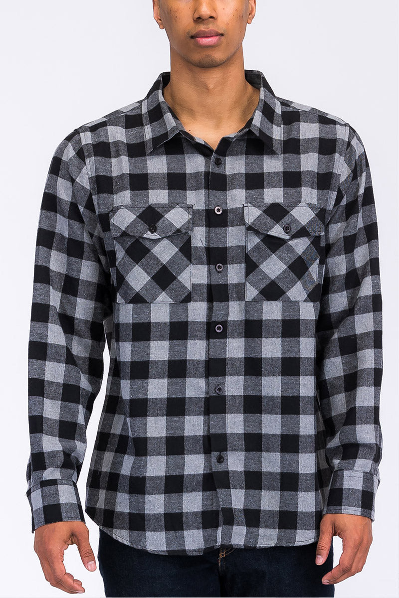 Long Sleeve Checkered Flannel Shirt Button Down FL101