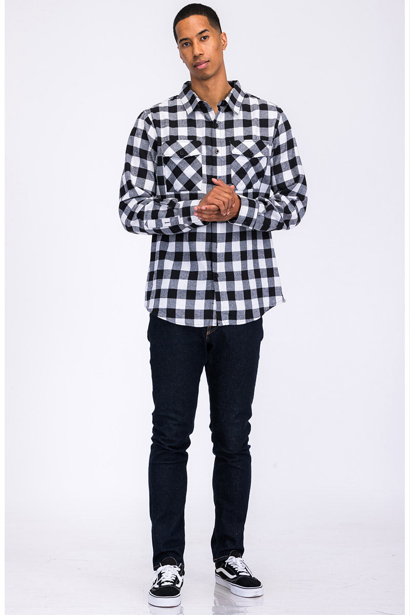 Long Sleeve Checkered Flannel Shirt Button Down FL101