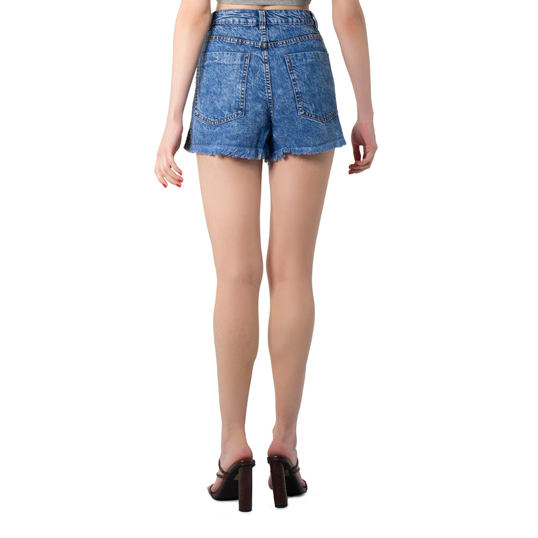 Blue Side Slit Raw Hem Denim Shorts
