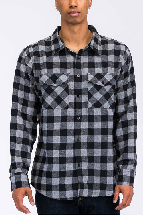 Long Sleeve Checkered Flannel Shirt Button Down FL101