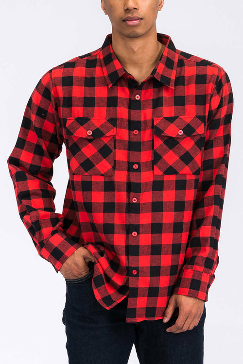 Long Sleeve Checkered Flannel Shirt Button Down FL101