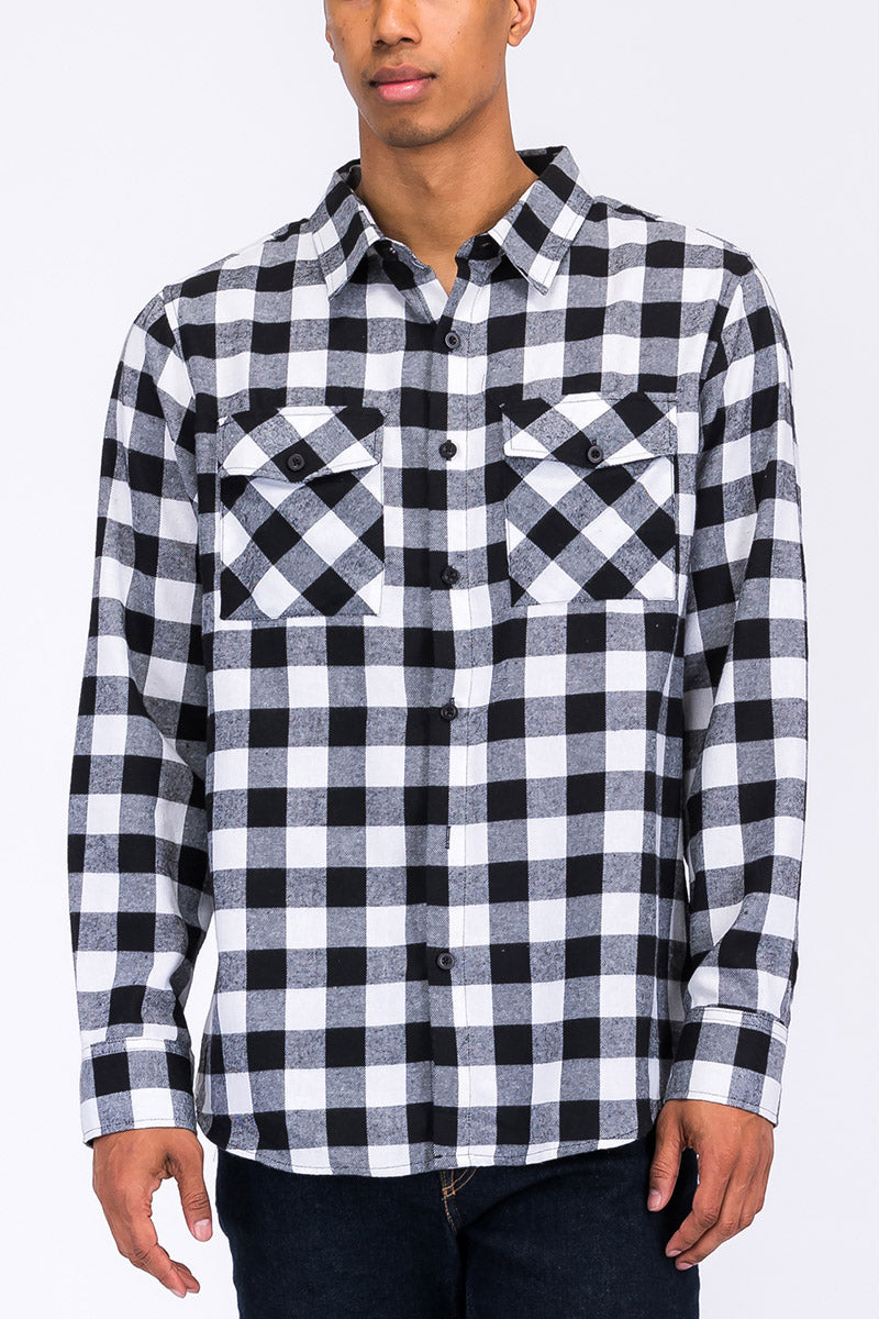 Long Sleeve Checkered Flannel Shirt Button Down FL101