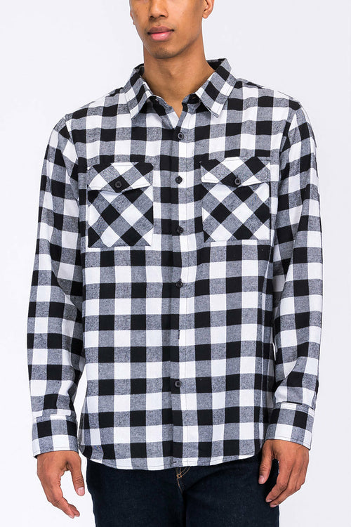 Long Sleeve Checkered Flannel Shirt Button Down FL101
