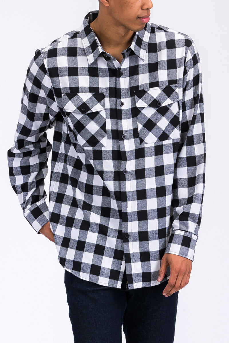 Long Sleeve Checkered Flannel Shirt Button Down FL101