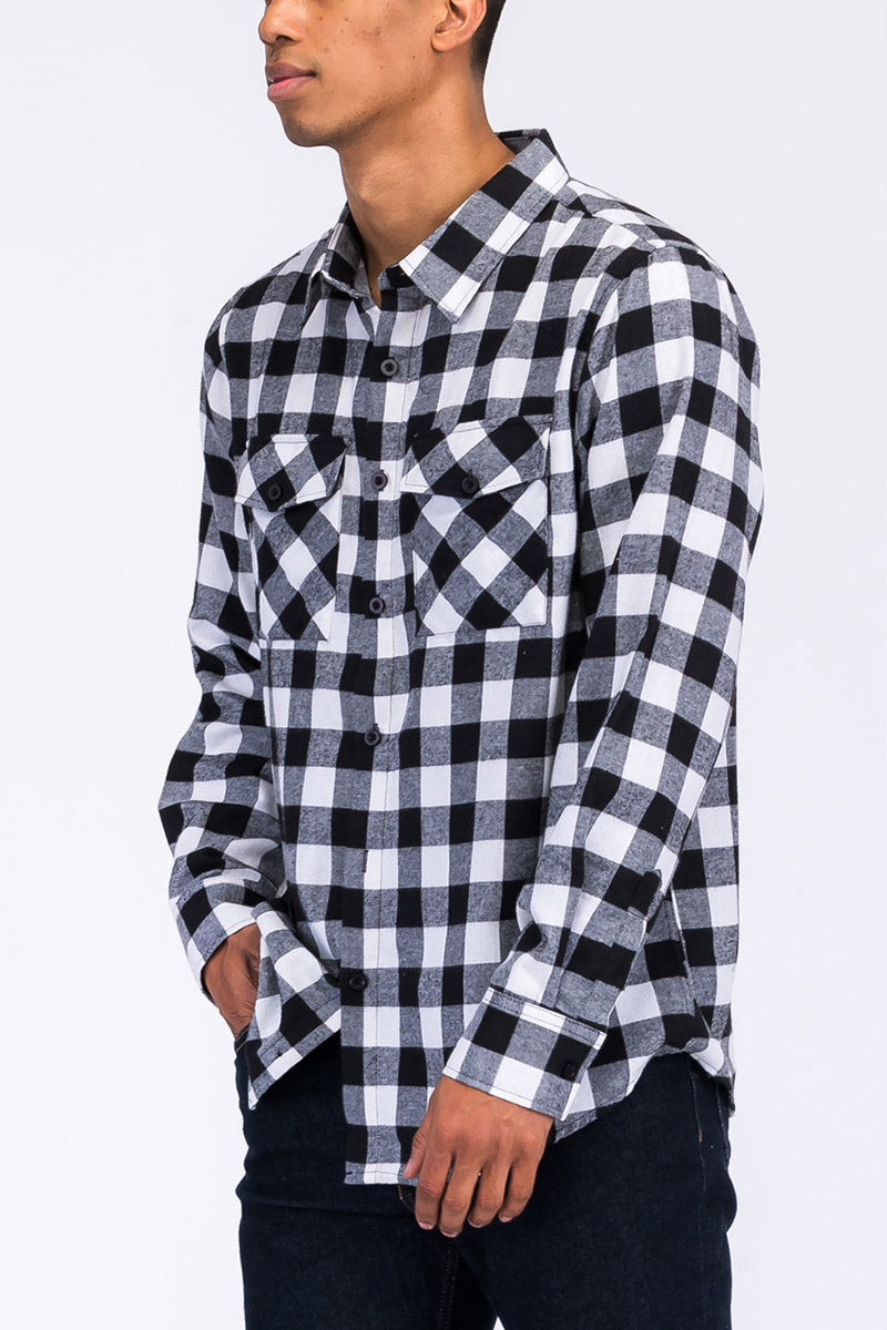 Long Sleeve Checkered Flannel Shirt Button Down FL101