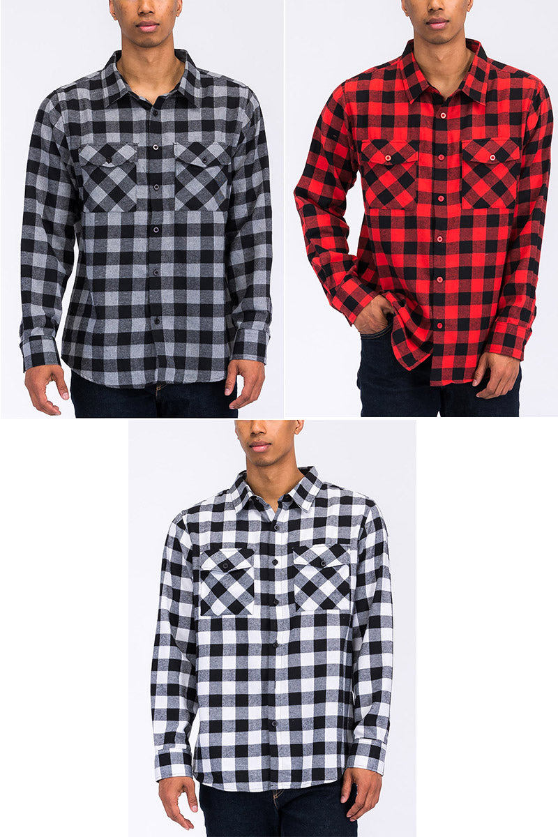 Long Sleeve Checkered Flannel Shirt Button Down FL101